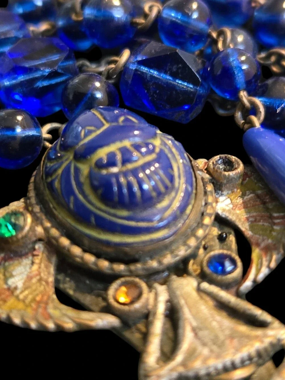 Egyptian Revival DECO Vtg NEIGER BROS Czech Blue GLASS Scarab PENDANT NECKLACE